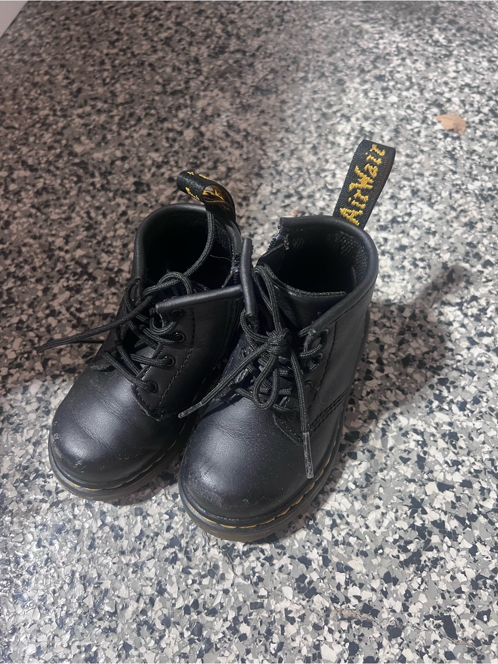Dr. Martens Kids Black Leather Lace-Up Boots with Yellow Stitching